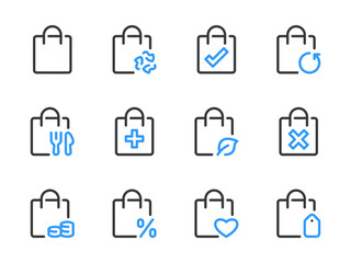 Poster - shopper and plastic bag variations vector line icons. delivery pack and bag for different purposes o