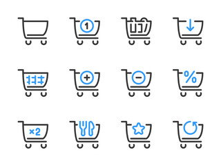 Poster - shopping cart and grocery trolley vector line icons. store cart outline icon set.
