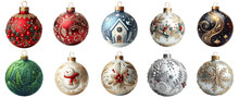 Set Of Christmas Balls White, Black, Velvet, Green And Satin Isolated On Transparent Or White Background PNG