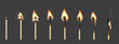 Burning match animation, stages. Realistic 3d vector sequence frame of matchstick ignition from whole to complete combustion and charring. Match stick with normal, and burnt sulphur sprite sheet