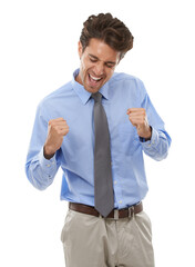 Excited, business man and fist to celebrate success, winning achievement and deal isolated on transparent png background. Happy employee, good news and cheers for profit, reward or prize of promotion