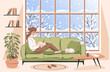 Woman reading book and sitting at the winter window. Cozy winter vector illustration
