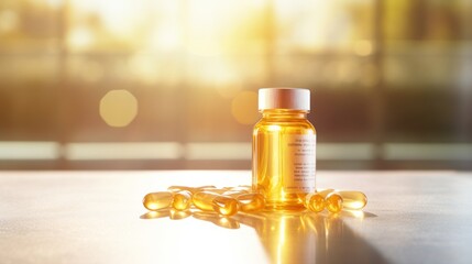 Vitamin D capsule tablets in sunlight. Omega 3 fish oil capsules and a glass bottle golden bokeh web banner background