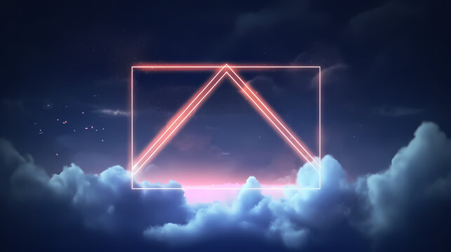 abstract futuristic background with neon geometric shape and stormy cloud on night sky. Rhombus frame with copy space