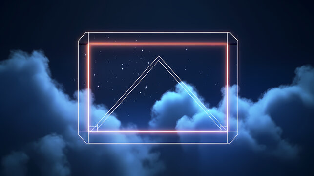 abstract futuristic background with neon geometric shape and stormy cloud on night sky. Rhombus frame with copy space
