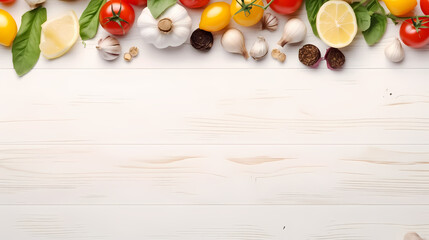 Healthy food ingredients composition with fresh cherry tomatoes, herbs, garlic cloves, lemon wedges and spoon on white wooden rustic background, overhead shot with copy space, long banner