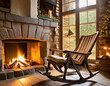 Empty rocking chair by the fireplace