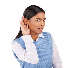 Wall Mural - Portrait, confused and an indian woman hearing a secret or gossip while isolated on a transparent background. Doubt, hand and ear with a young person listening to fake news ot a rumor on PNG