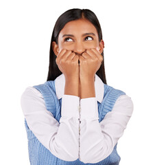 Sticker - Face, happy woman and cover of mouth for secret, gossip or news with playful expression. Indian person, professional and excitement emoji for announcement on isolated or transparent png background