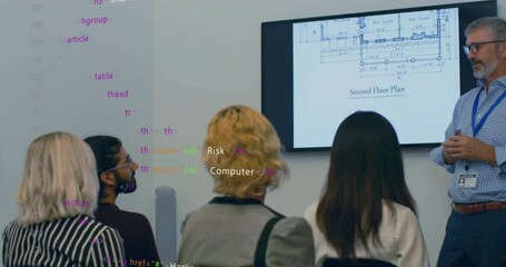 Poster - Animation of financial data processing over diverse business people in office