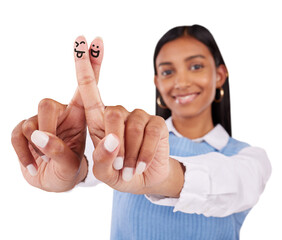 Wall Mural - Woman, portrait and fingers smiley face or hand gesture for good luck, hope or opportunity wish sign. Indian person, hands and isolated on transparent png background for expression, art or drawing