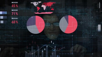 Poster - Animation of financial data processing over male hacker and dark background