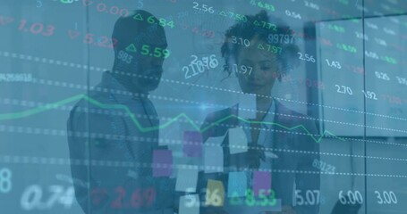 Poster - Animation of financial data processing over diverse business people in office