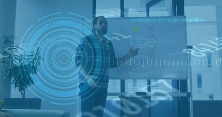 Poster - Animation of financial data processing over biracial businessman in office