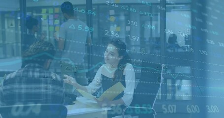 Poster - Animation of financial data processing over diverse business people in office