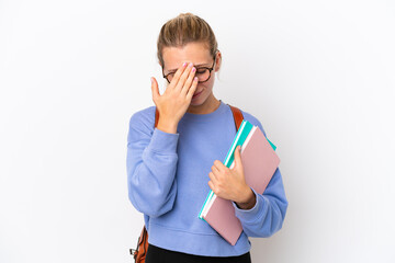 Poster - Young student caucasian woman isolated on white background with tired and sick expression