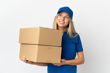 Poster - ¬°Young delivery woman isolated on white background thinking an idea while looking up