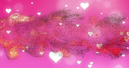 Poster - Animation of white hearts falling over red, yellow and black particles on pink