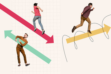Poster - Magazine financial template collage of different people workers run fast on choose road for achieve success