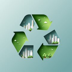 Aufkleber - Recycle symbol of Sustainability in green eco city, alternative energy and ecology conservation concept background. Vector illustration in paper art craft style.