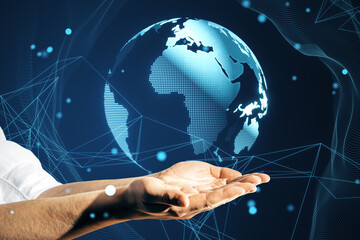 Poster - Close up of businessman hands holding creative glowing polygonal globe hologram on blue background. Metaverse and safety concept.