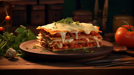 Wall Mural - lasagna with melted mozzarella cheese on wooden plate