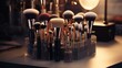 An assortment of makeup brushes and sponges in a beautifully organized display, emphasizing their elegance and craftsmanship.