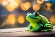 a toy frog sits on a table outdoors near some lights