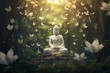 © twindesigner - A tranquil Buddha statue amid a forest adorned with graceful white butterflies, embodying spiritual serenity and nature's gentle dance. Ai generated