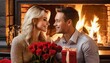 Para młodych ludzi spędzająca ze sobą romantyczny wieczór walentynkowy z prezentami i czerwonymi różami. W tle widać ogień w kominku
