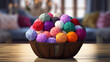 colorful knitting yarn balls in basket on wooden table with bokeh background