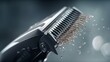 Close-up of hair clippers in action, trimming a head of hair. The blades are capturing hair particles in ultra-high detail.