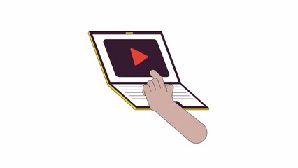 Poster - Watching streaming platform on laptop line 2D character hand animation. Gadget flat color cartoon 4K video, alpha channel. Using video player on notebook animated person body part on white background