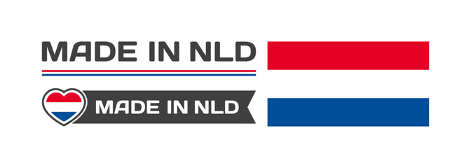 Poster - Made in NLD icons. National flag of NLD in the shape of a square, heart. Made in Netherlands national flag. Vector icons