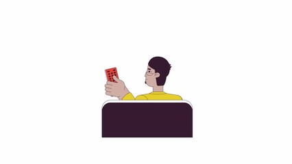 Poster - Arab eyeglasses man switching channel tv line 2D character animation. Middle eastern bearded man holding tv control flat color cartoon 4K video, alpha channel. Animated person on white background