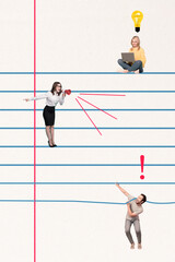 Wall Mural - Collage of motivation manager woman screaming in loudspeaker punish employee during another colleague generate ideas on lines background