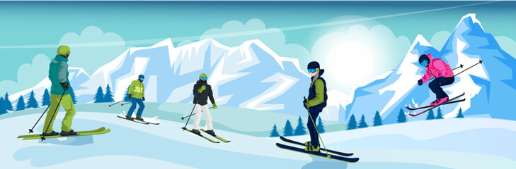 Wall Mural - Group of skier practice skills near high alps mountains. Extreme winter sports. Snowy picturesque downhill, recreation activity, holiday vacation. Skiing competition. Vector illustration