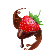 Poster - Strawberry in dark liquid chocolate. Sweet chocolate splash and red dessert berry. 3d vector realistic