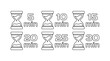 Hourglass timer icons. Outline, 5, 10, 15, 20, 25, 30 minute hourglass timers. Vector icons