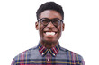 Portrait, funny or face of black man, nerd or geek isolated on transparent png background. Glasses, smile or facial expression of happy young person excited for comedy, goofy joke or silly in Nigeria