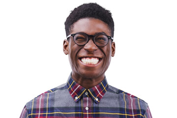 portrait, funny or face of black man, nerd or geek isolated on transparent png background. glasses, 