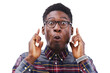 © Mayur/peopleimages.com - Wow surprise and portrait of black man with hand pointing up for glasses, sale or news on isolated, transparent or png background. Omg, face and winner shocked by deal, discount or promotion offer