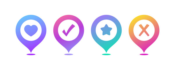 Poster - Location marker icons. Flat, color, location with a heart, check mark, star, cross. Vector icons