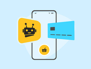 Fototapete - Payment for creating and setting up chatbot. Marketplace AI bots. Sale of custom AI bots for the buyers special business tasks. Vector illustration isolated on white background with icons