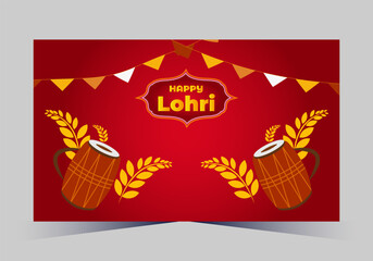 Happy Lohri text with dhole and grain vector template design 