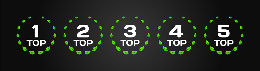 Poster - Top icons. Flat, green, top 1, 2, 3, 4, 5 icons, black background. Vector icons