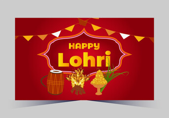 Happy Lohri text with dhole and grain vector template design 