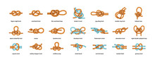 Knots Of Different Type Set. Loops, Nautical Nodes, Nooses Of Various Shapes. Strong Tied Twisted Nautical Ropes, Strings, Cords, Cables. Flat Graphic Vector Illustrations Isolated On White Background