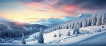 As The Sun Sets Behind The Mountains, The Winter Landscape Transforms Into A Breathtaking Scene Of Serene Beauty, With White Snow Covering The Forest And Trees Creating A Picturesque Sight In The Park