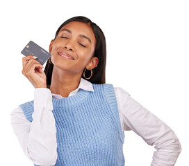 Poster - Woman, credit card and smile for banking, investment or budget of wealth isolated on transparent png background. Happy indian customer with account of savings deal, sales payment or financial freedom